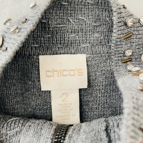 Chico's Womens Gray Beaded Placket Mock Neck Full Zip Cardigan Sweater Sz 2 US L - Picture 6 of 13